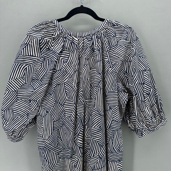 STAUD‎ Vincent Mini Dress Navy Tan Mosaic Puff Sleeve Button Front Womens XL NWT - Picture 5 of 12